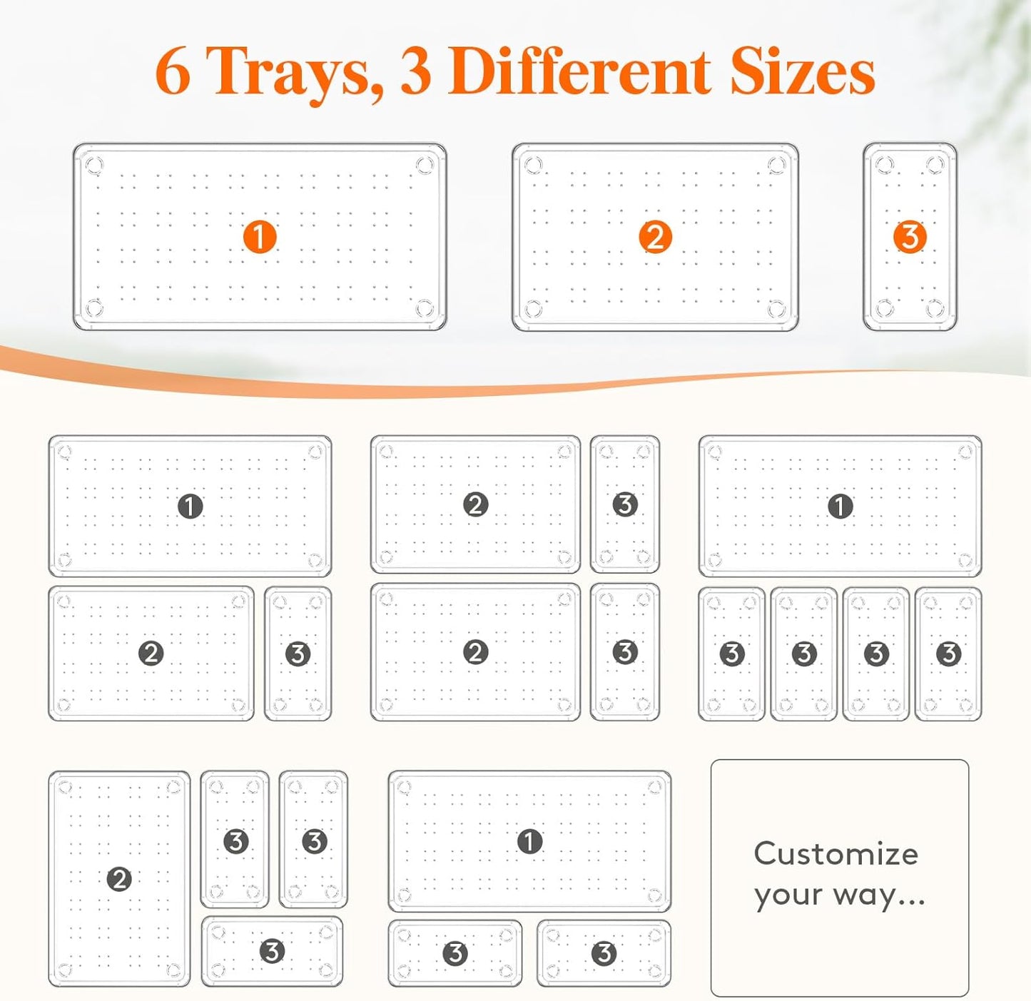 Lifewit 6 Pcs Large Bathroom Drawer Organizers, 3 Sizes Clear Plastic Storage Organizer Trays for Make Up, Kitchen Utensils, Vanity Accessories in Bathroom/Office/Dresser Organization