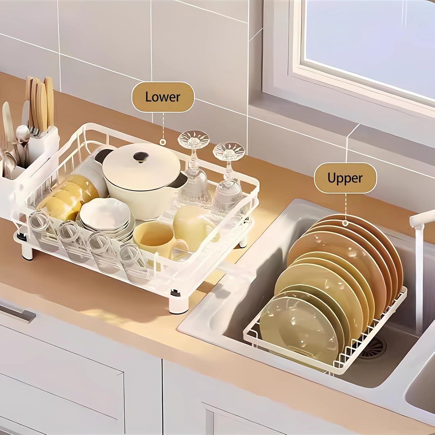 Dish Drying Rack, Space Saving & Durable, Rust-Proof Large 2 Tier Stainless Steel Dish Racks for Kitchen Counter with Cutlery & Cup Holder & Drainboard -White