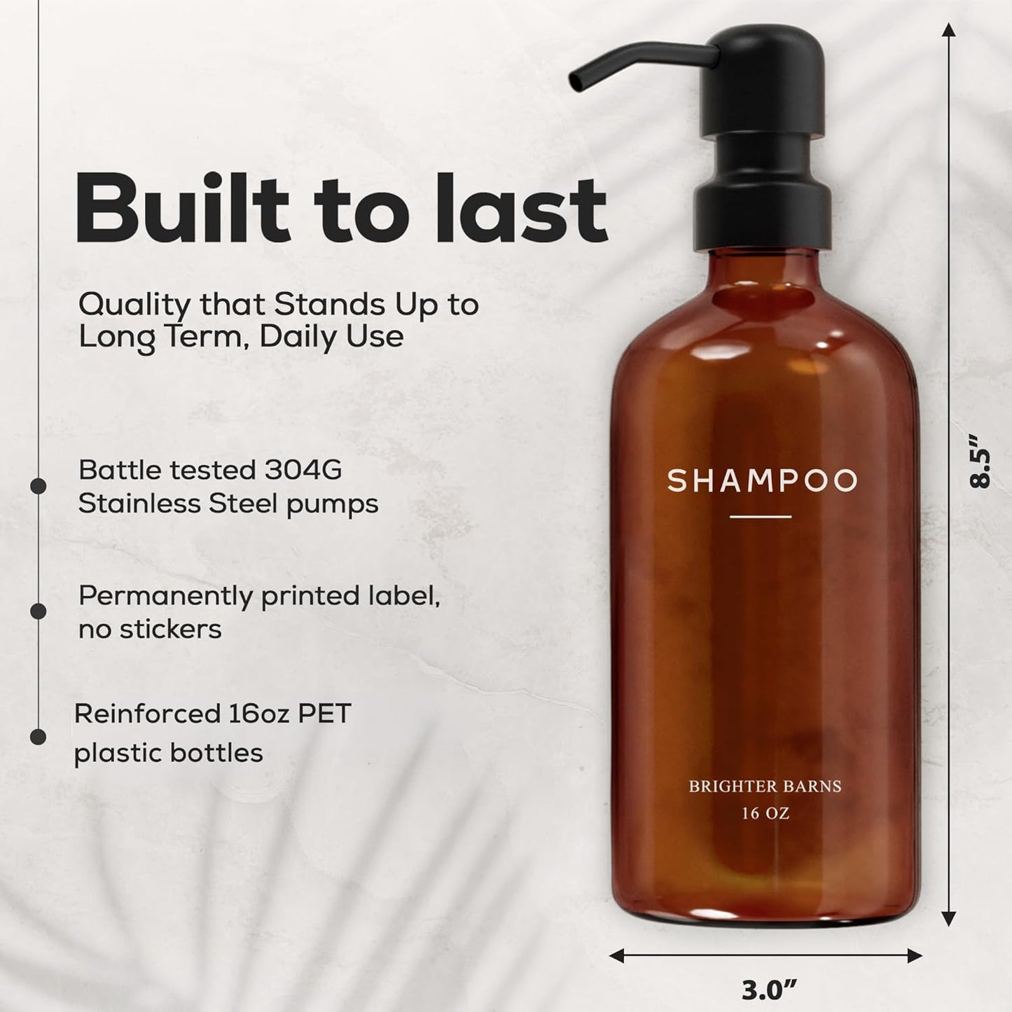 Amber Shampoo and Conditioner Dispenser Set by Brighter Barns - Body Wash and Shampoo Bottles with Pump - Refillable Plastic Shower Dispenser for Modern Bathroom Decor in Vacation Rental, Spa (Amber)