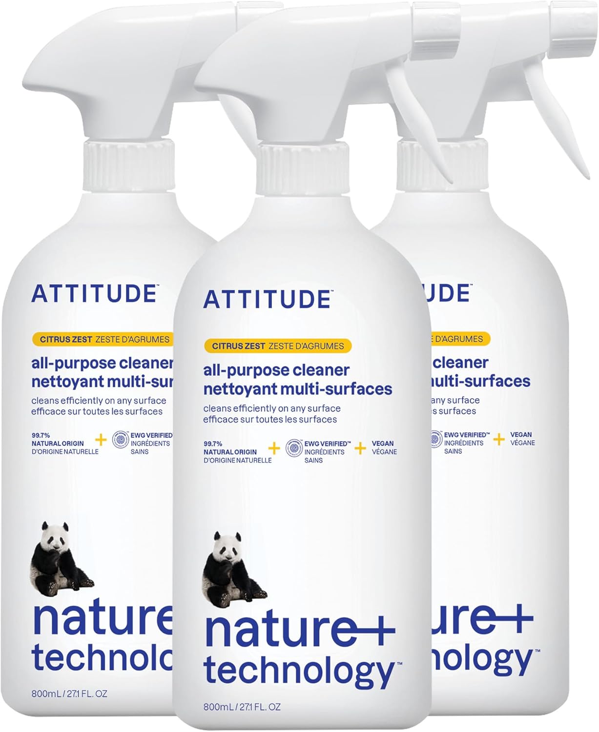ATTITUDE All Purpose Cleaner Spray, EWG Verified, Vegan, Made with 94% Plant-Based Ingredients, Streak-Free for Kitchen, Bathroom, Glass & More, Citrus Zest, 27.1 Fl Oz (Pack of 3)