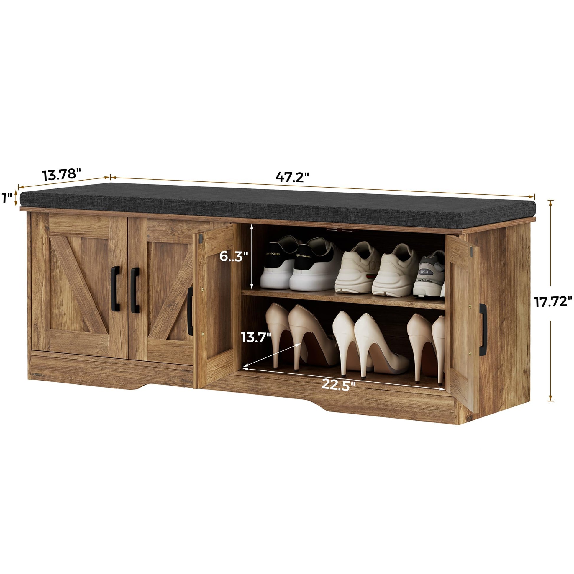 HOMSHO Farmhouse Shoe Storage Bench with 4 Barn Doors & Padded Seat Cushion