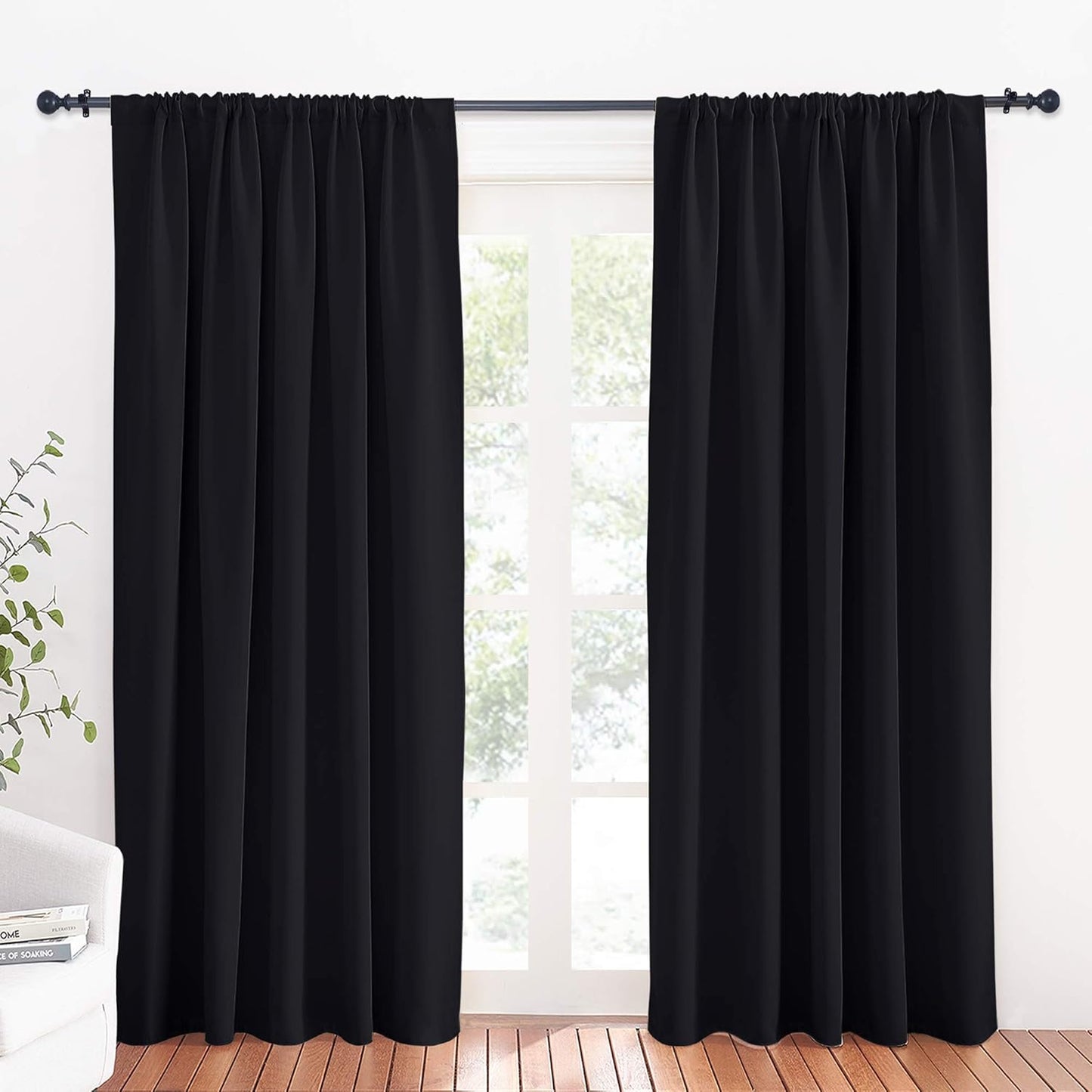 RYB HOME Curtains for Bedroom 72 inches Long, Blackout Thermal Insulating Window Treatment Drapes for Living Room Bathroom Basement Laundry Classroom, W 34 x L 72, Black, 2 Panels