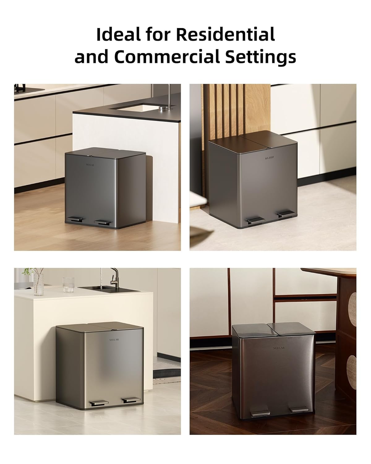 Kitchen Dual Trash Can - Double Touchless Garbage Bins 2 x 4 Gallon (2 x 15 L) with Lid, Stainless Compartment Trash and Recycle Bin Combo