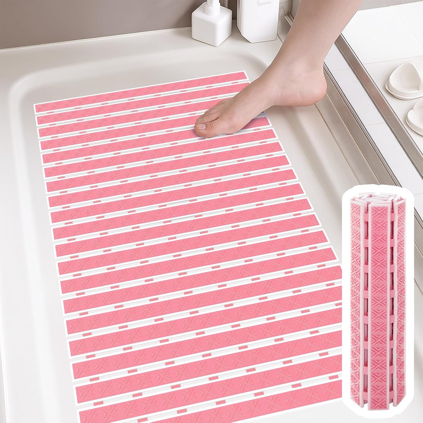 Matace Non Slip Rubber Bathtub & Shower Mat with Suction Cups, Thick Textured Surface, Fast Drain and Upright Drying Design, No Pooling Water for Better Hygiene, 27 x 16 Inch, Pink
