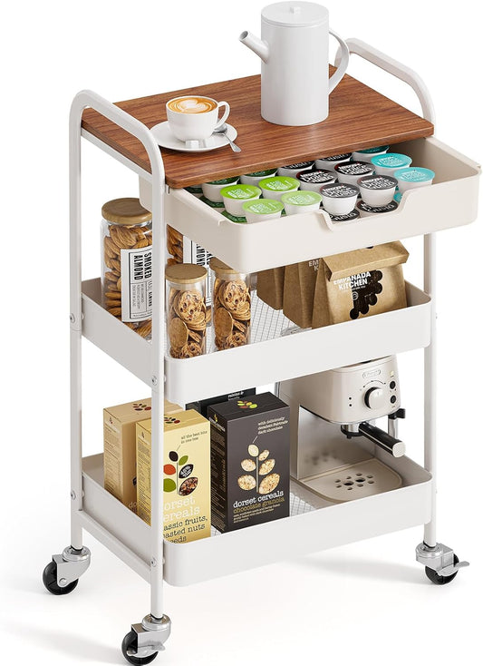 TOOLF 3-Tier Metal Utility Rolling Cart with Drawer & Wooden Table Top, Storage Cart White Trolley Kitchen Organizer Rolling Desk with Locking Wheels for Office, Classroom, Dorm, Bedroom