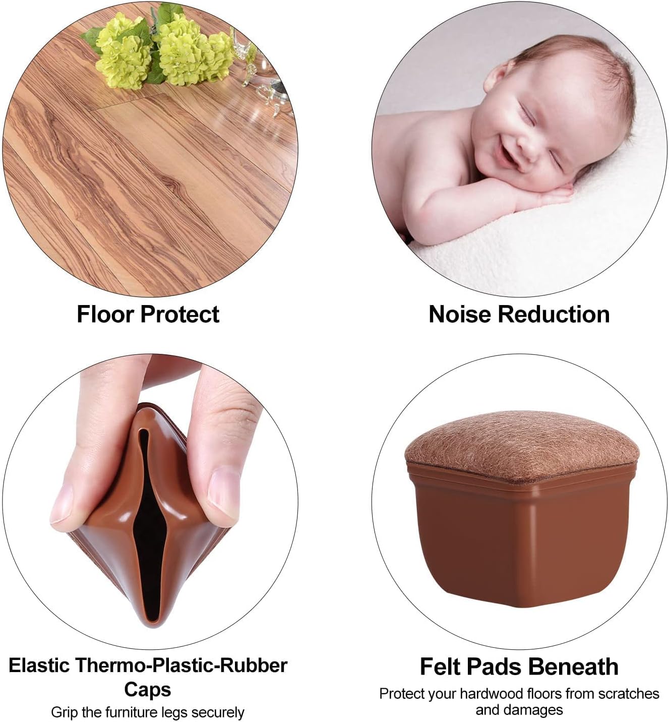 Ezprotekt 24 Pcs Square Chair Leg Floor Protectors with Felt, Silicone Felt Furniture Pads Cups for Hardwood Floor, Dining Table Leg Caps Covers No Scratches (L Fit: 1" to 1.4", Brown)