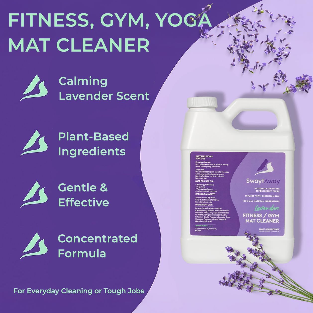 SwaytAway Fitness Mat Cleaner Concentrate – 32oz Lavender Essential Oil Formula – Aromatherapy Yoga Mat Spray for Home & Studio – Makes 4 Gal – Natural Scented Cleaning Solution