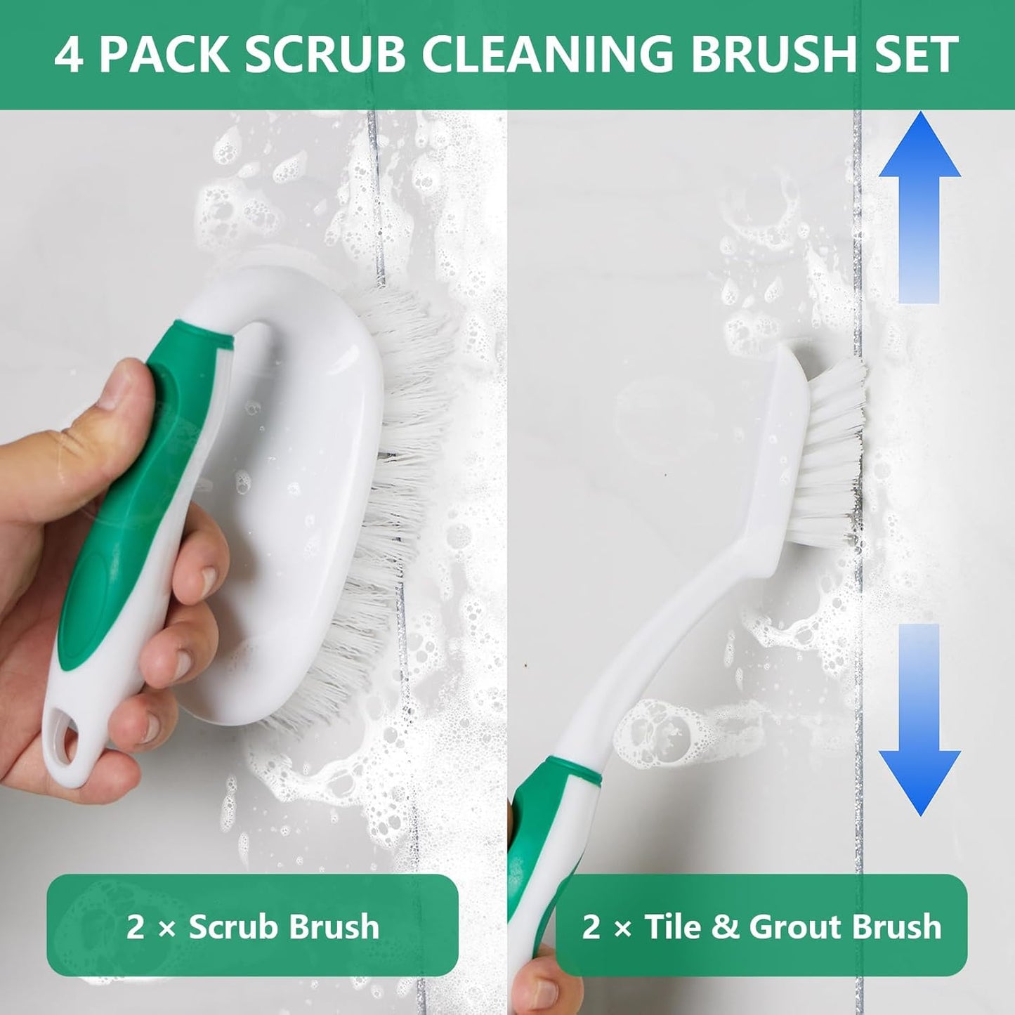 Scrub Brush Set, 4 Pack Deep Cleaning Brush Kit - 2 Scrub Brush, 2 Tile & Grout Brush with Built-in Scraper, Household Commercial Scrubber for Floor, Shower, Pool Wall, Tub (Green)