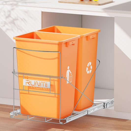 Double 37 Quart Pull Out Trash Can Under Cabinet, Under Sink Trash Rack, 70 Liter Total Capacity, Cabinet Trash Pull Out Kit, Trash Bin Not Included