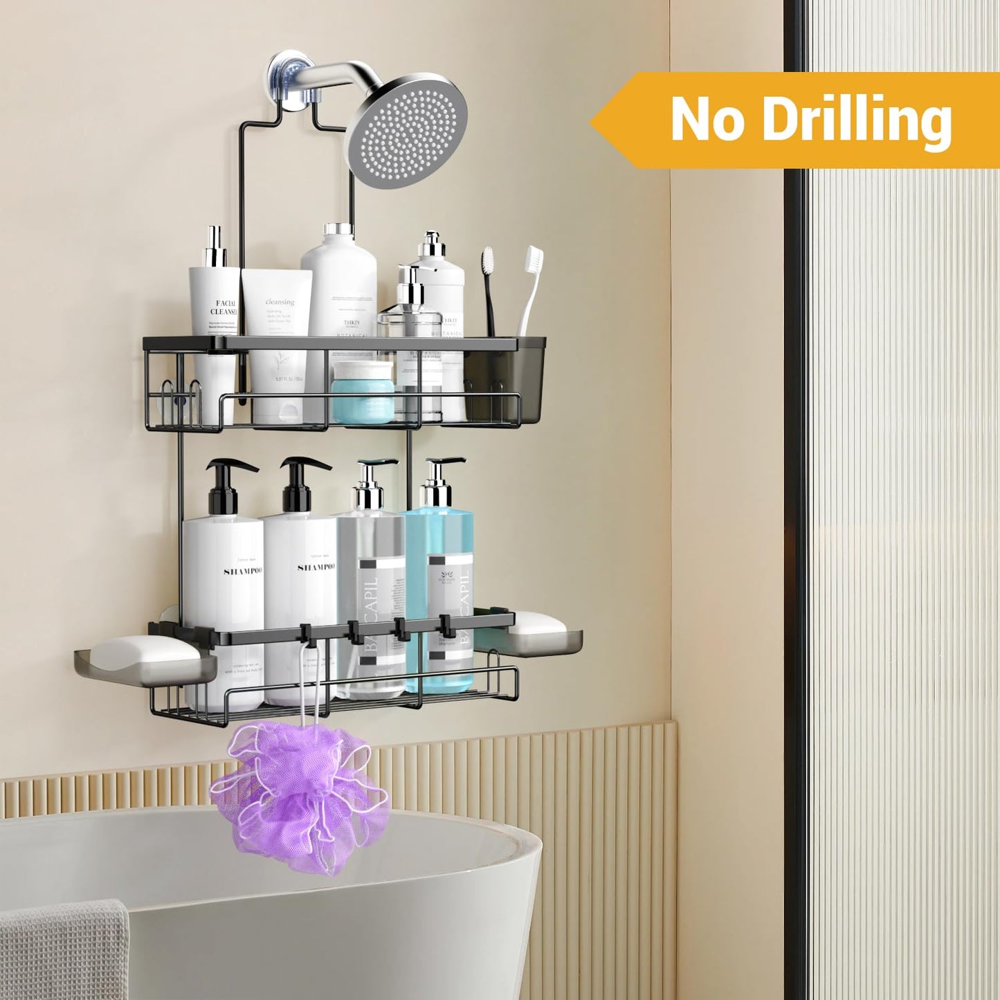 Hanging Shower Caddy Over Showerhead - Rustproof No Drill Shower Organizer