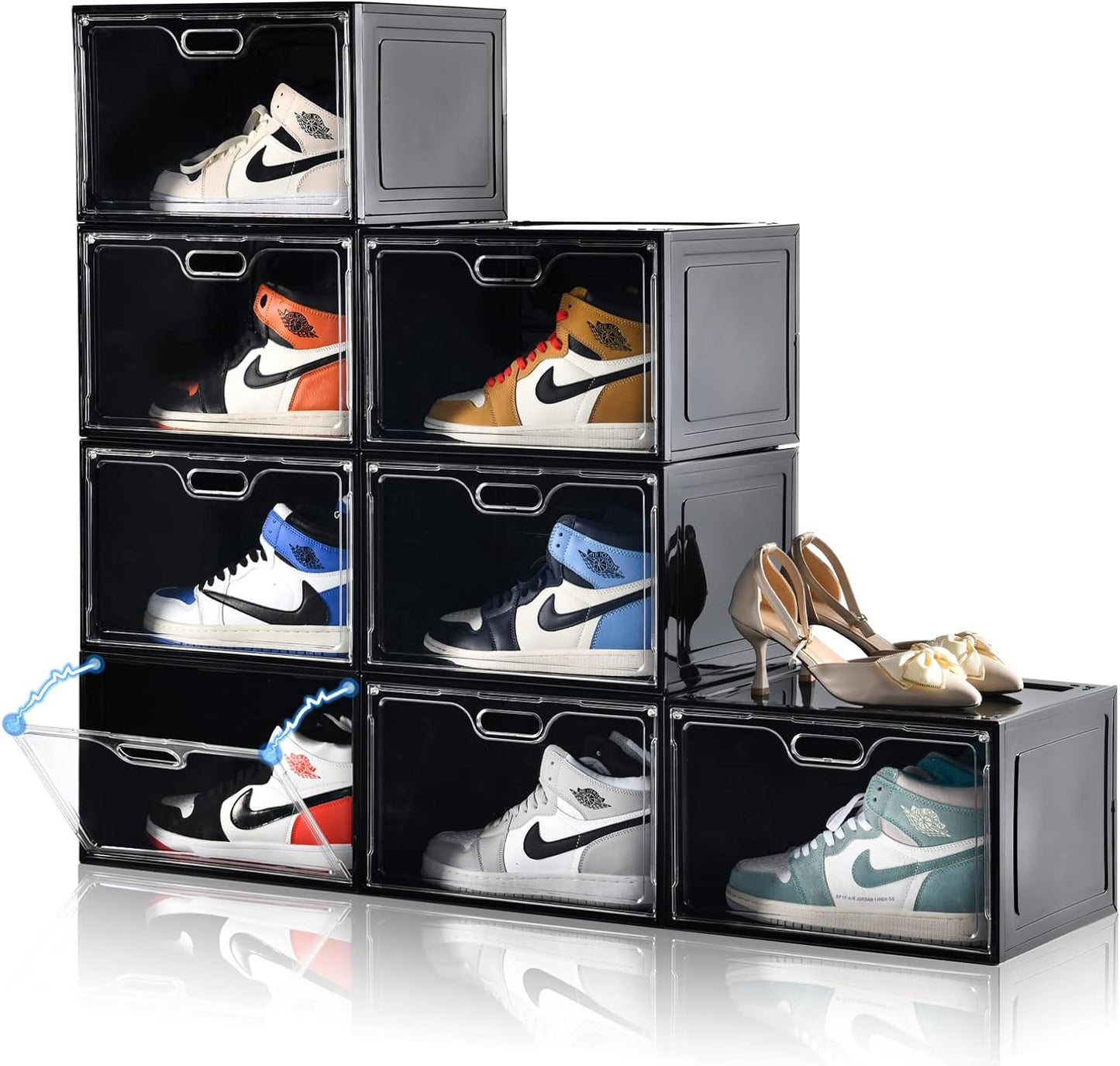 8 Pack Shoe Boxes Black Plastic Stackable, Large Shoe Storage Organizer,Drop Side Front Shoe Containers for Entryway,Sneaker Storage Fit up to US Size 13 for Men/Women(13’’x 10.6”x 8.3”)