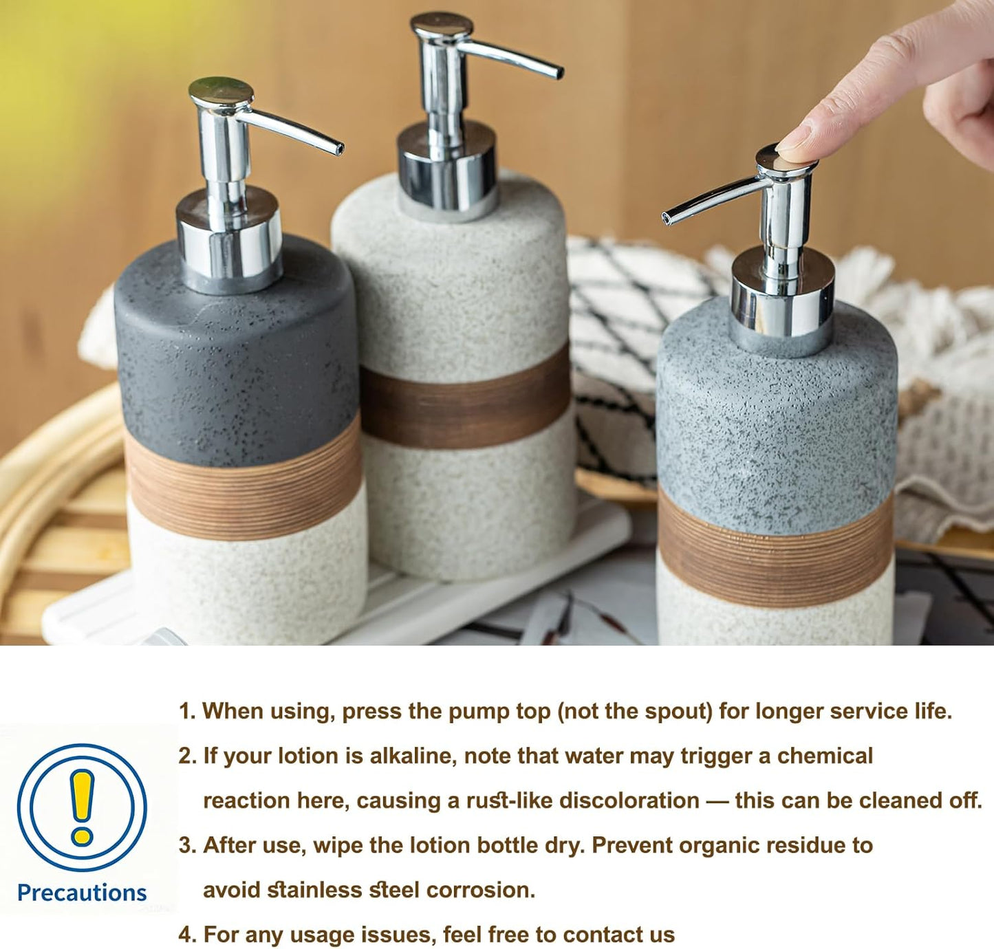 Ceramic Soap Dispenser Set(2 Pack) – Hand Soap, Dish Soap, Shampoo & Shower Soap Dispenser for Bathroom & Kitchen, Stainless Steel Pump, Includes Silicone Funnel & Diatomaceous Tray, Gray