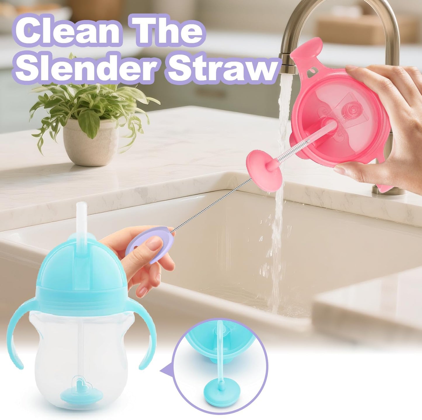 YOTIME Standing Straw Cleaner Brush Set, 4in1 Reusable Straw Brushes with Holder Ring, for Baby Bottles, Sippy Cups and Lids, Purple