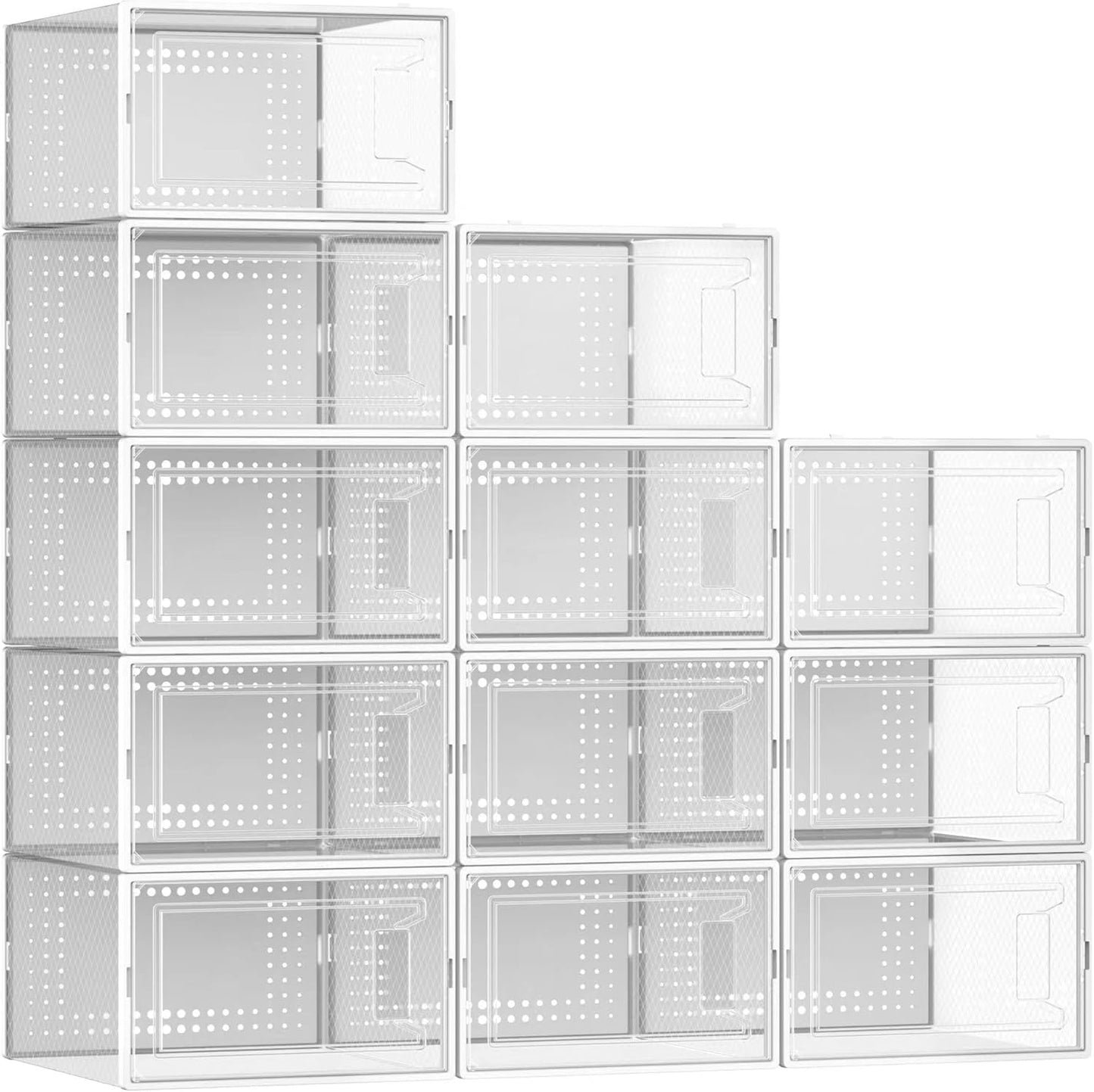 Secret Space 12 Pack XX Large Shoe Organizer Storage Boxes for Closet, Modular Space Saving Shoe Boxes Clear Plastic Stackable Sneaker Containers Display Case with Lids, Pearl White03