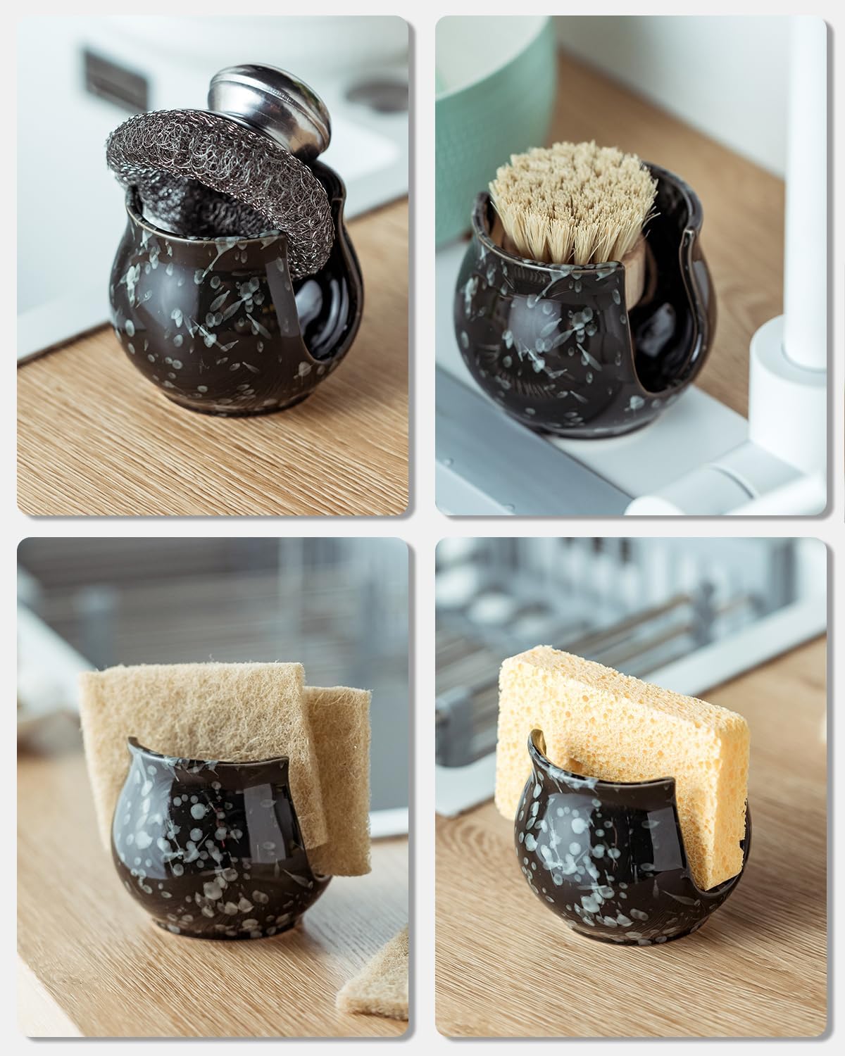 Kitchen Sponge Holder, Ceramic Dish Sponge Holder Kithen Sink Organizer Farmhouse Brush Holder Dish Rack for Bathroom, Kitchen, Sink, Black