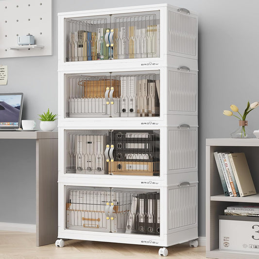 BROVIEW 240Qt Stackable Storage Bins with Lid, Extra Large Closet Organizer Collapsible Drawer Boxes with Wheels, Folding Plastic Cabinet Containers for Home Kitchen Room Organization, 4Pack White