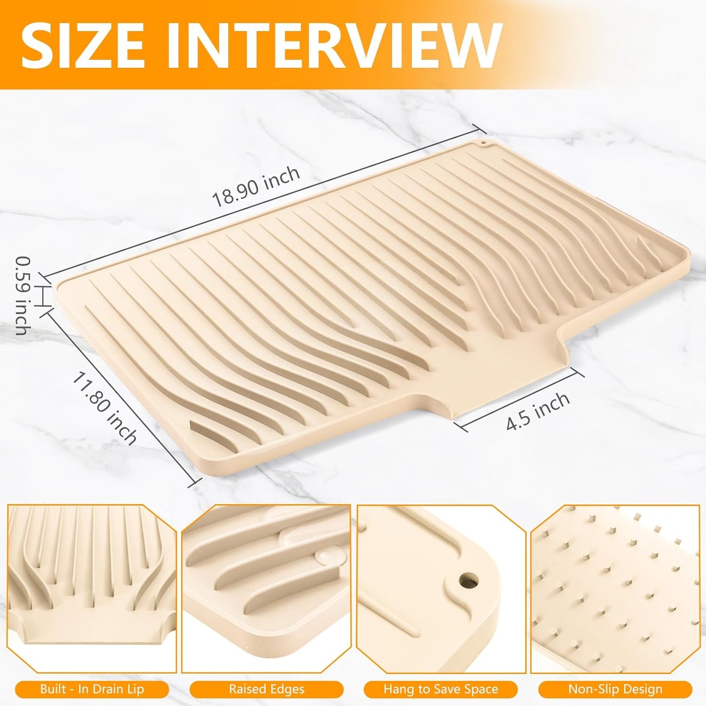 Silicone Dish Drying Mat for Kitchen Counter, Dish Drainer Mat, Non-Slip Drying Pad with Built-in Drain, Kitchen Drying Matt For Counter(18.9" x 11.8", Orange)