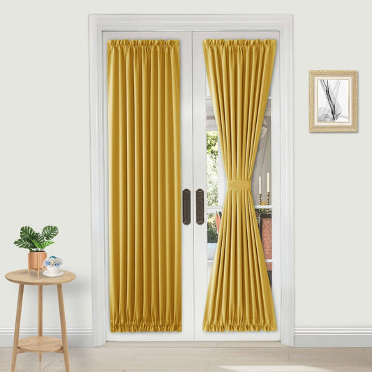 DWCN French Door Curtains – Rod Pocket Thermal Blackout Curtain for Doors with Glass Window, Kitchen and Patio Doors for Privacy, 25 X 72 Inches Long, 1 Curtain Panel with Tieback, Yellow