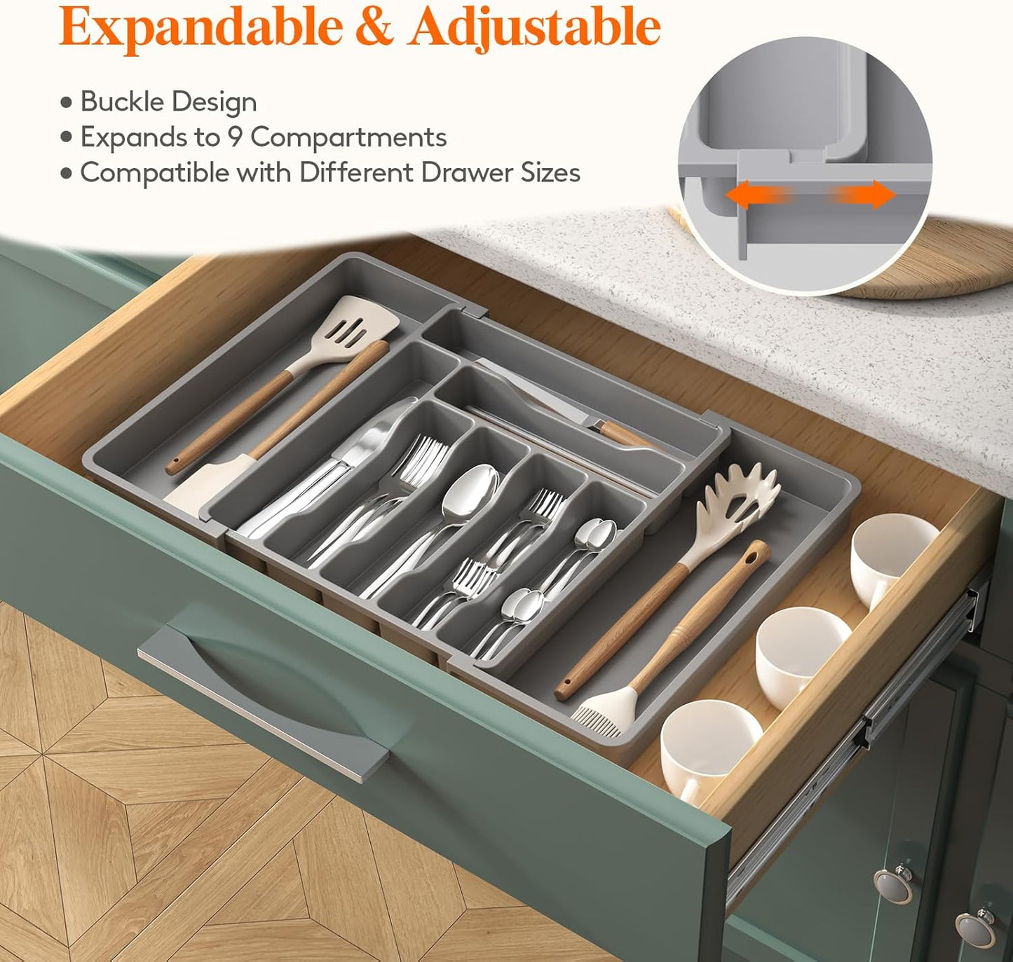 Lifewit Silverware Drawer Organizer, Expandable Utensil Organizer for Kitchen Drawers, Adjustable Cutlery and Flatware Tray, Plastic Spoons Forks Knives Holder Storage Dividers, Large, Gray