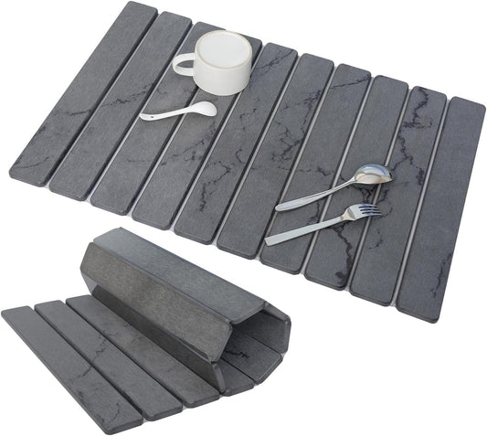 Stone Drying Mat for Kitchen Counter 24"×16" ,Large Dish Drying Mat with Drainage Grooves, Non-Slip Silicone Drying Mat, Absorbent Counter Protector for Dishes, Utensils