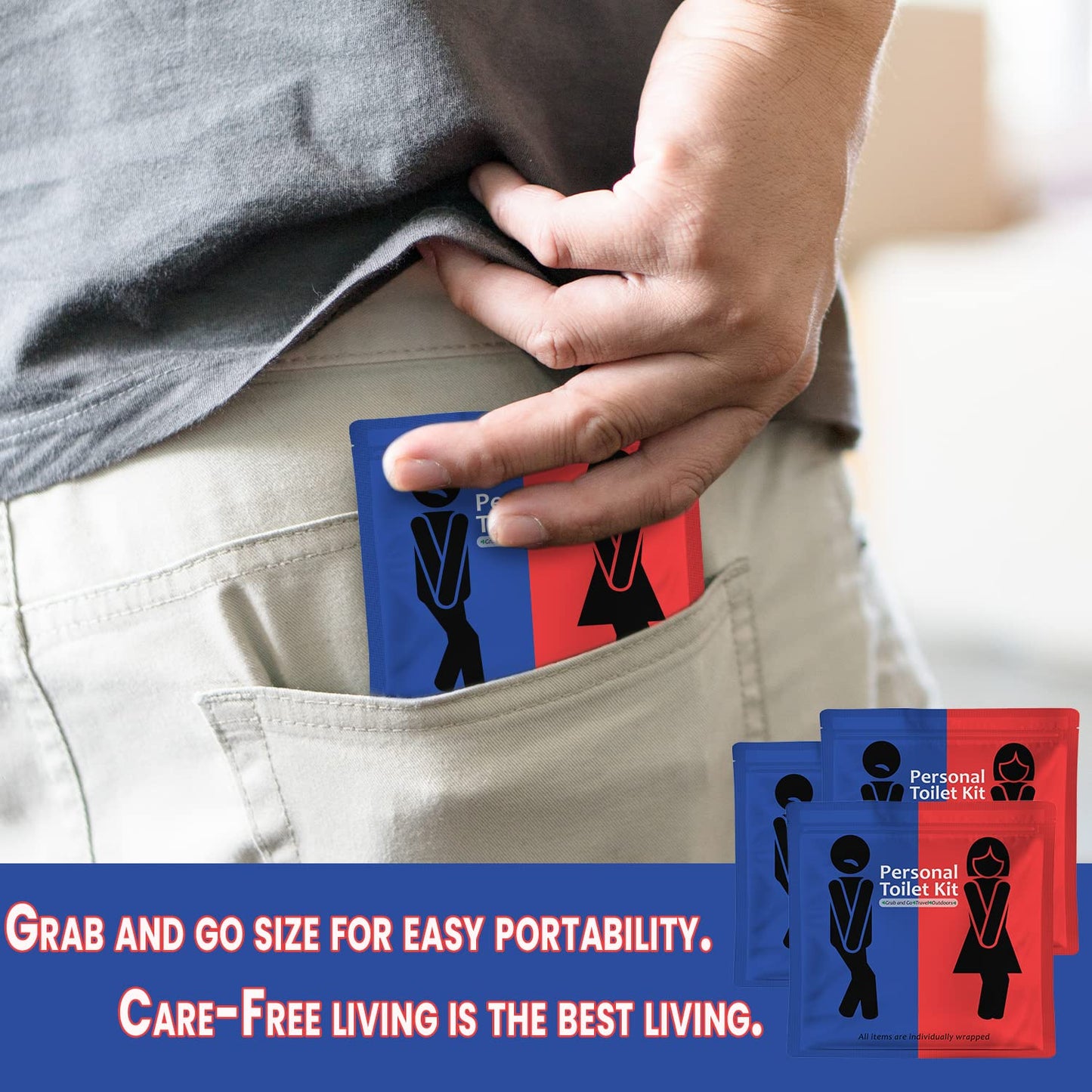 Personal Toilet Kit To Go – 10 Pack | Disposable Public Restroom Kit | Individually Wrapped for Toilet Protection Kit | Toilet Paper, Toilet Seat Cover, Butt Wipes, Cleansing Wipes (Red and Blue)