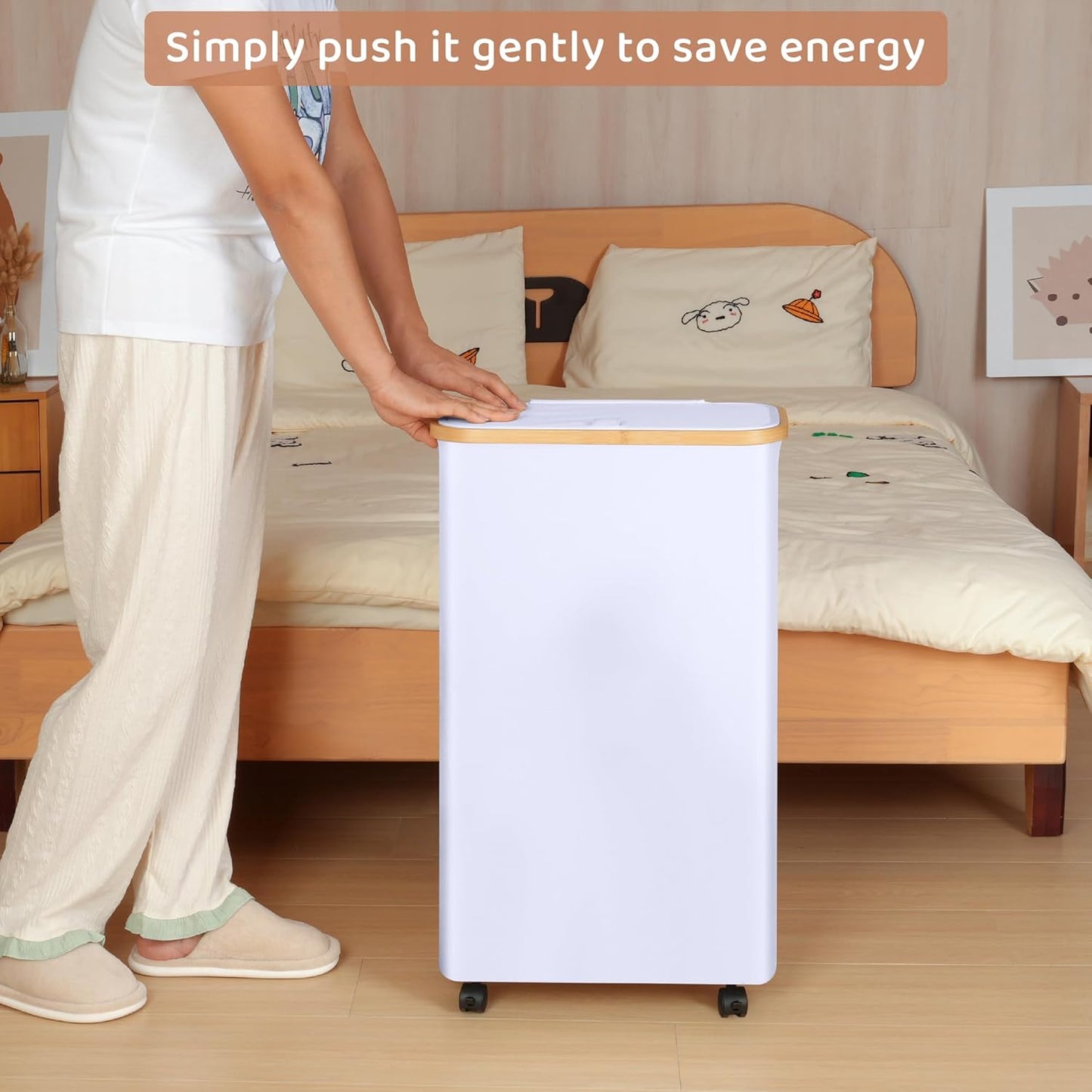 Slim Laundry Basket with Wheels,Narrow Hampers for Laundry,Freestanding Laundry Hamper with Lid&Bamboo Handles,Collapsible & Waterproof Tall Cloth Hamper for Dorm Family(60L White)