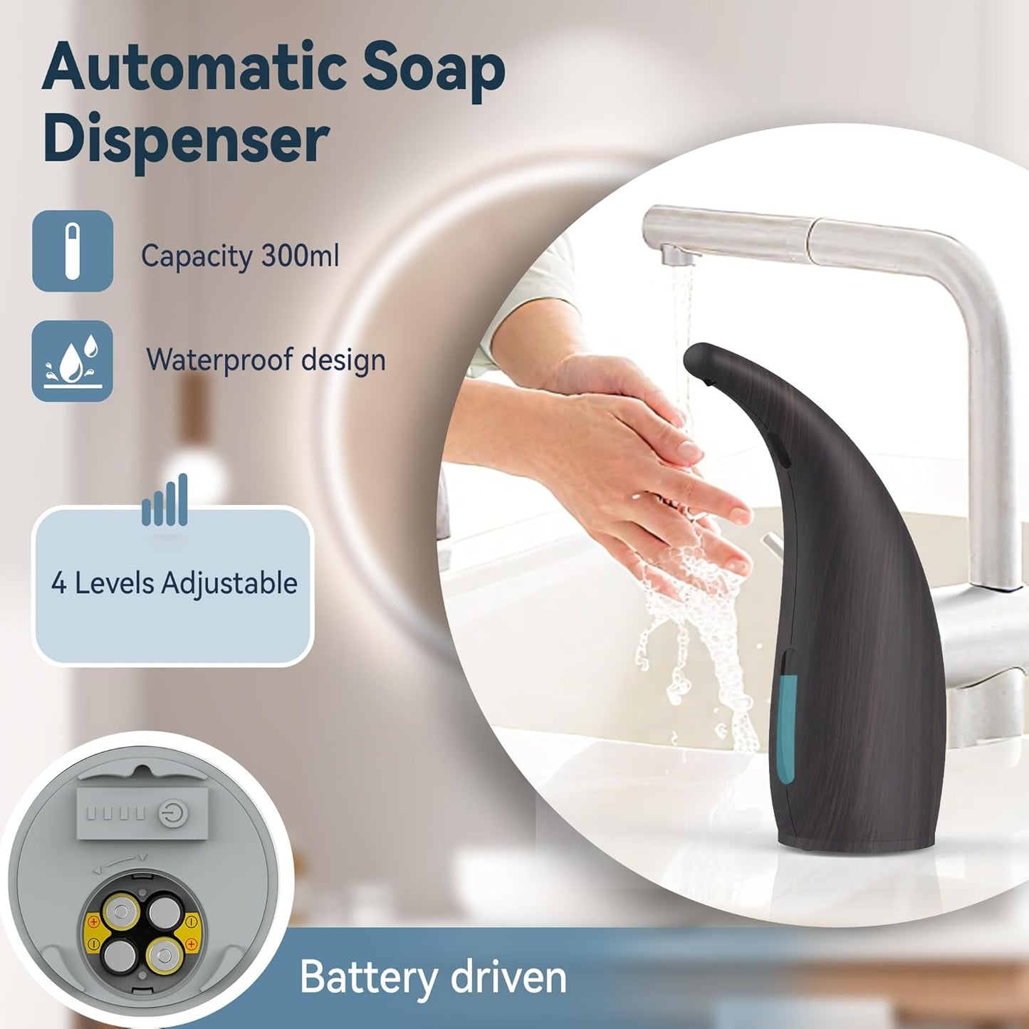 Automatic Soap Dispenser with Infrared Sensor - Adjustable 4-Level Touchless Hand Soap for Kitchen, Bathroom - Battery Operated Electric Dispenser, Durable Plastic, Smart Soap Holder