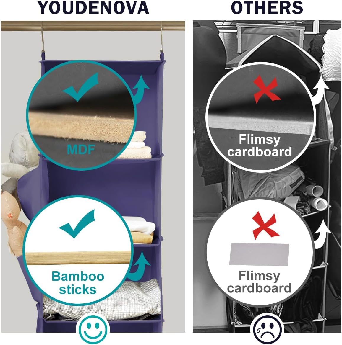 YOUDENOVA Hanging Closet Organizer, 6-Shelf Closet Hanging Storage Shelves, Purple