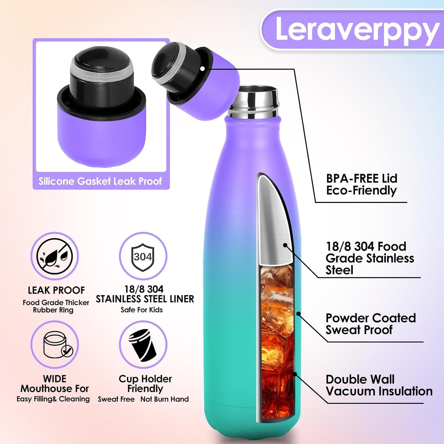 25oz Cola-Bottle Shaped Stainless Steel Leak-proof Water Bottle,Double Wall Vacuum Insulated Metal,Travel Mug For Sports Indoors & Outdoors,BPA-Free Kids Flasks,Purple Green(1 Pack)