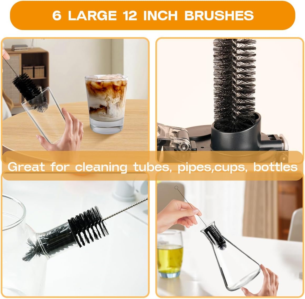Straw Cleaner Brush Set,6 Piece 12" Long Pipe Tube Bottle Brushes for Cleaning Narrow Neck Bottles,Coffee Maker,Glass Cups