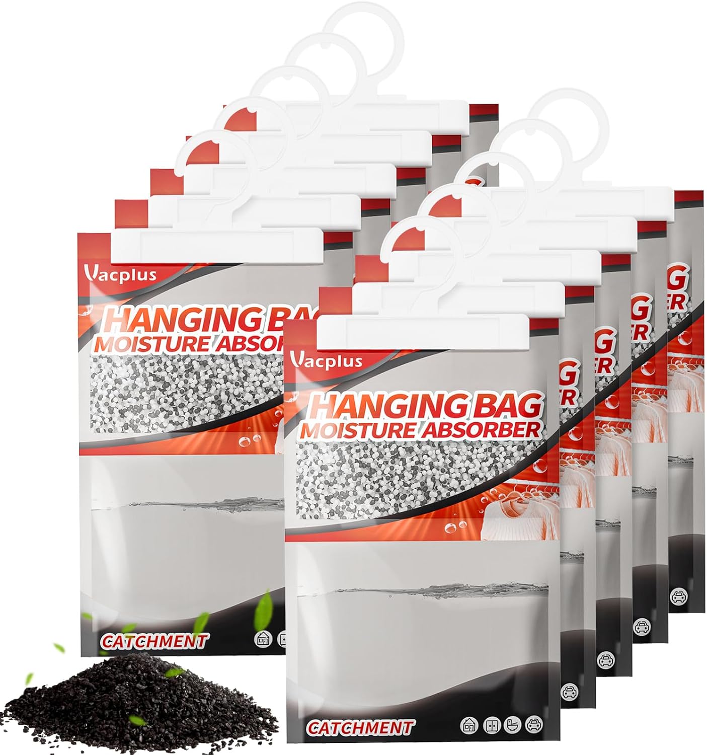 Vacplus Moisture Absorbers, Hanging Closet Dehumidifier Bags, Humidity Packs, Desiccant, Closet Dehumidifiers with Activated Charcoal, 10 Pack, 9.8 OZ