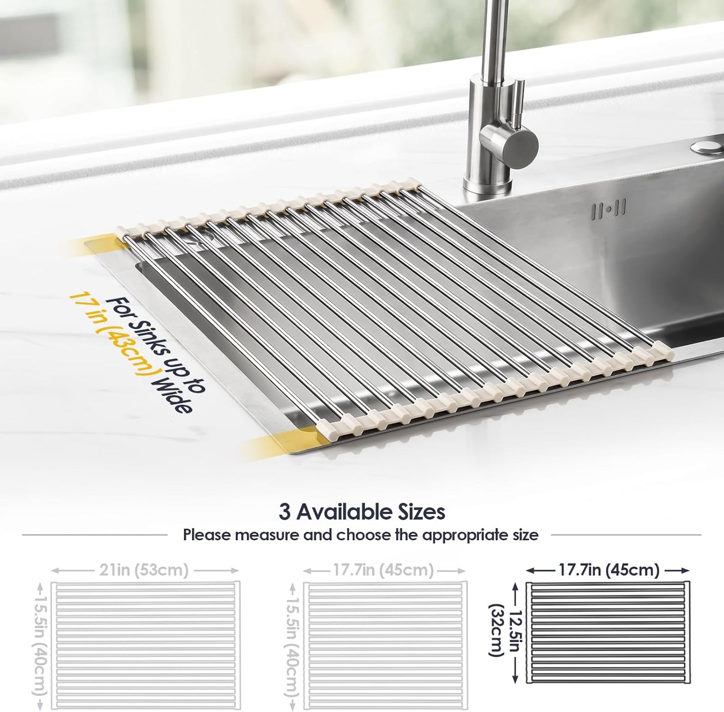 Tomorotec 17.7" x 12.5" Roll Up Dish Drying Rack Over Sink Drying Rack Sink Cover Kitchen Sink Accessories Gadget Multipurpose Organizer Foldable Stainless Steel Drainer