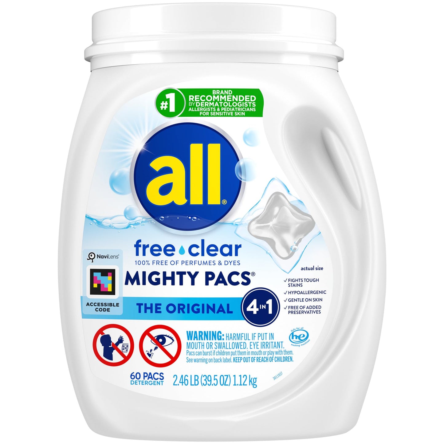 all Unit Dose Laundry Detergent, Mighty Pacs, Free Clear, 60 Count