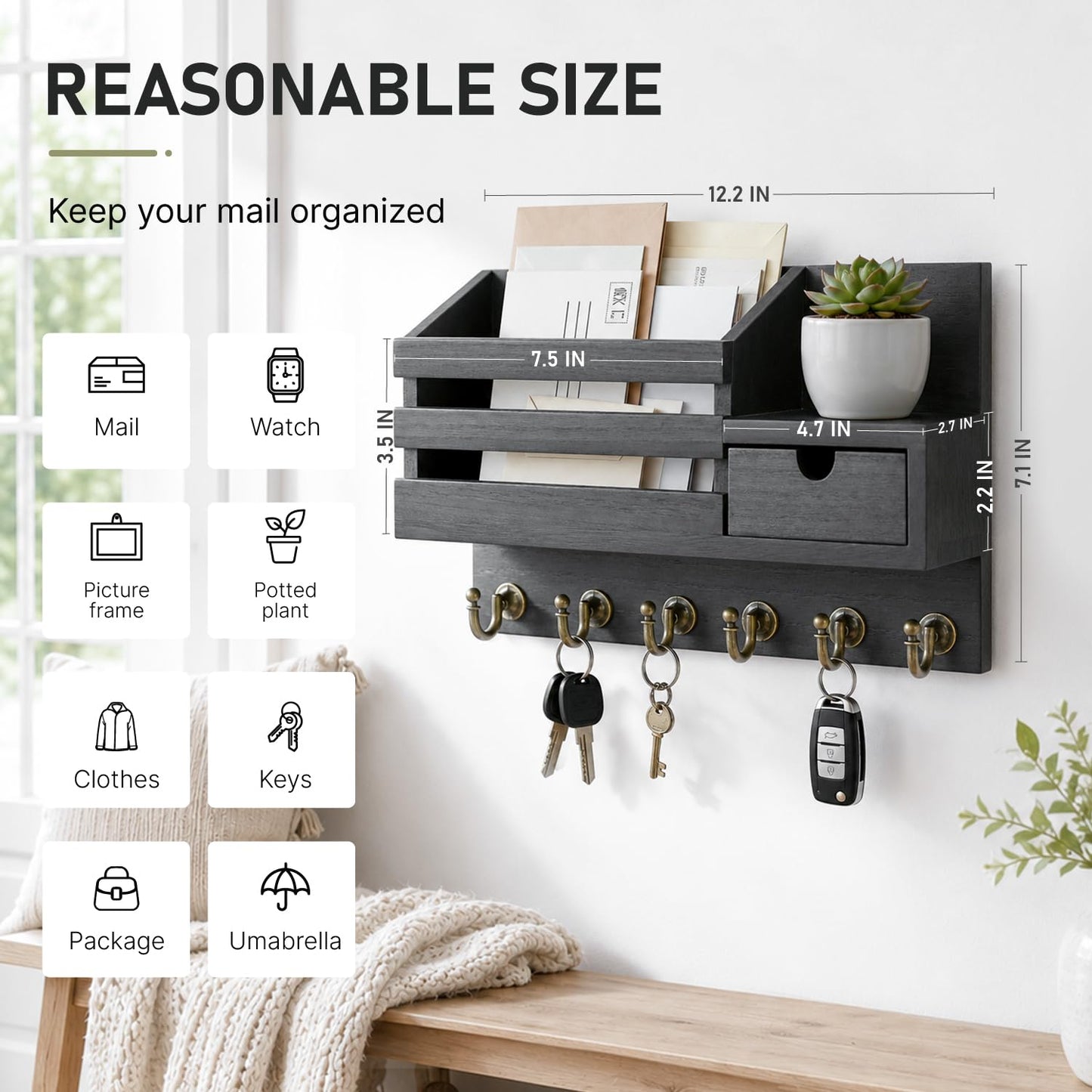 FifthQuarter Key Holder Wall Mount with Drawer and 6 Sturdy Hooks, A-Black