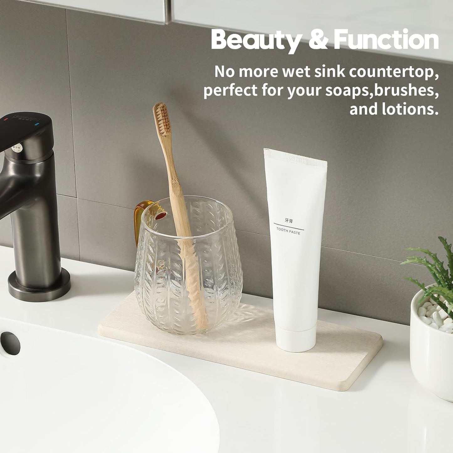 2PCS Bathroom Sink Vanity Trays, Water Absorbing Diatomite Stone Drying Soap Dish Dispenser for Kitchen Counter, Sponge Holder Mat Rack Faucet Splash Guard Caddy Organizer, Beige, 9"x3.5"