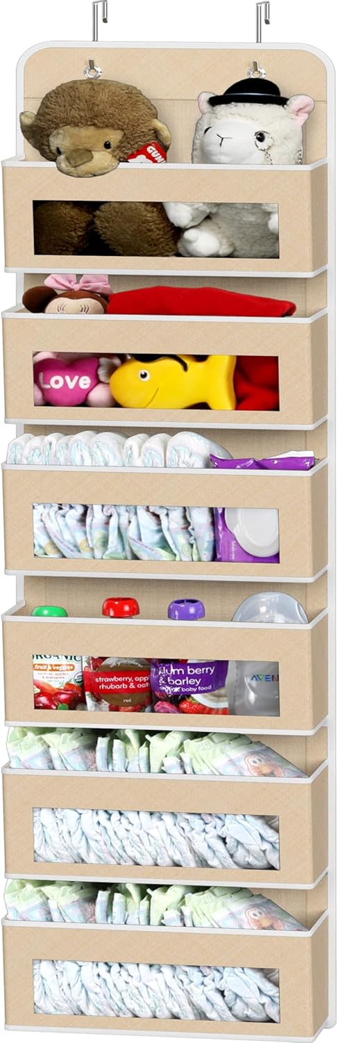 SIMPLE HOUSEWARE 6 Clear Window Pocket Over Closet Door Storage Hanging Organizer for Bedroom, Bathroom, Pantry, Beige