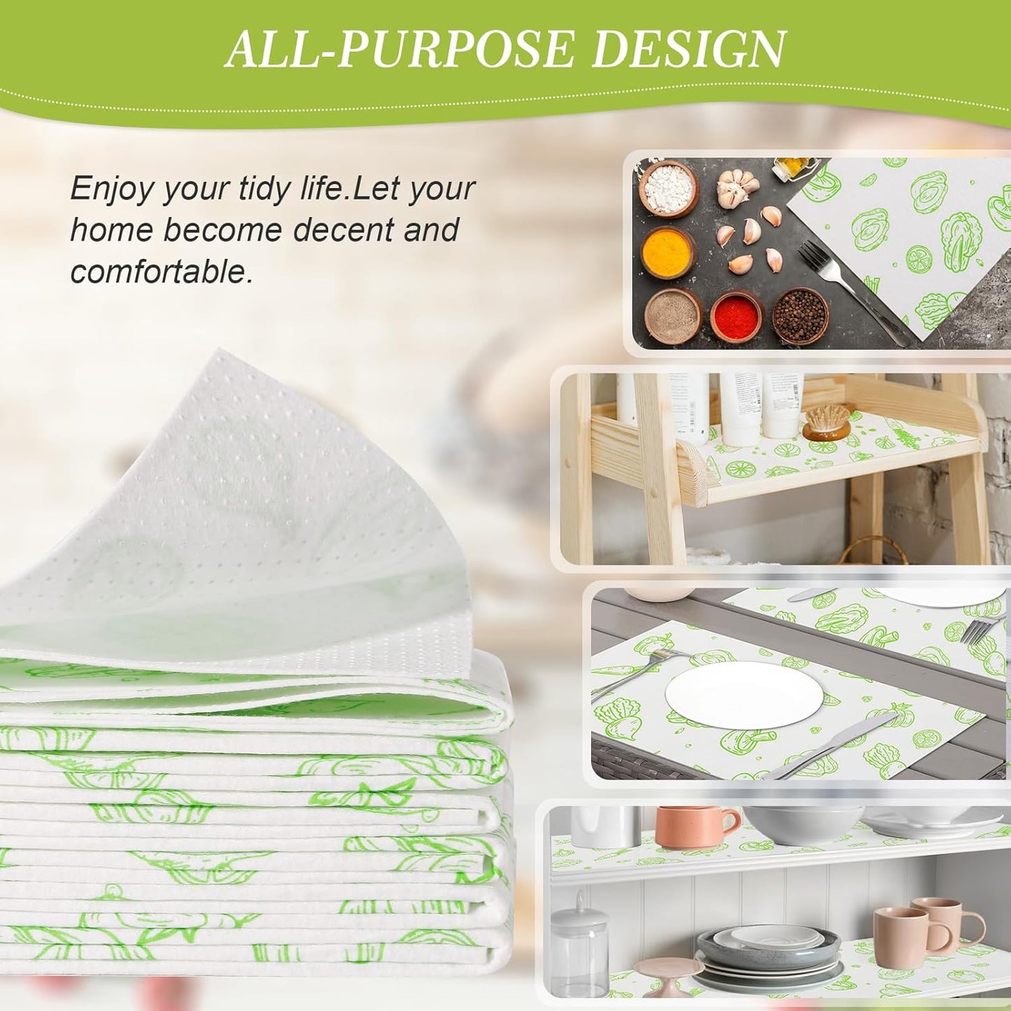 Cooyes Refrigerator Liners 17.7" x 24", 12 Pack, Absorbent Non-Slip Washable Fridge Mats, Shelf Liner for Kitchen Cabinets Non-Adhesive, Green Veggie