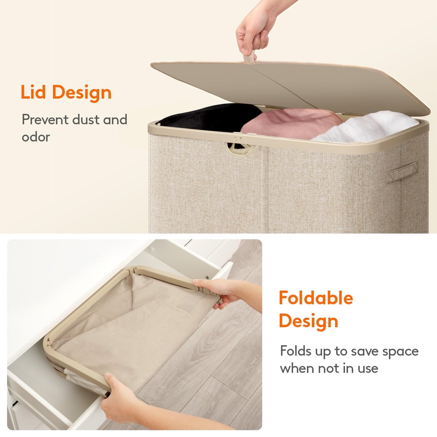 Lifewit 185L 3 Section Laundry Hamper with Lid, Laundry Basket, Beige