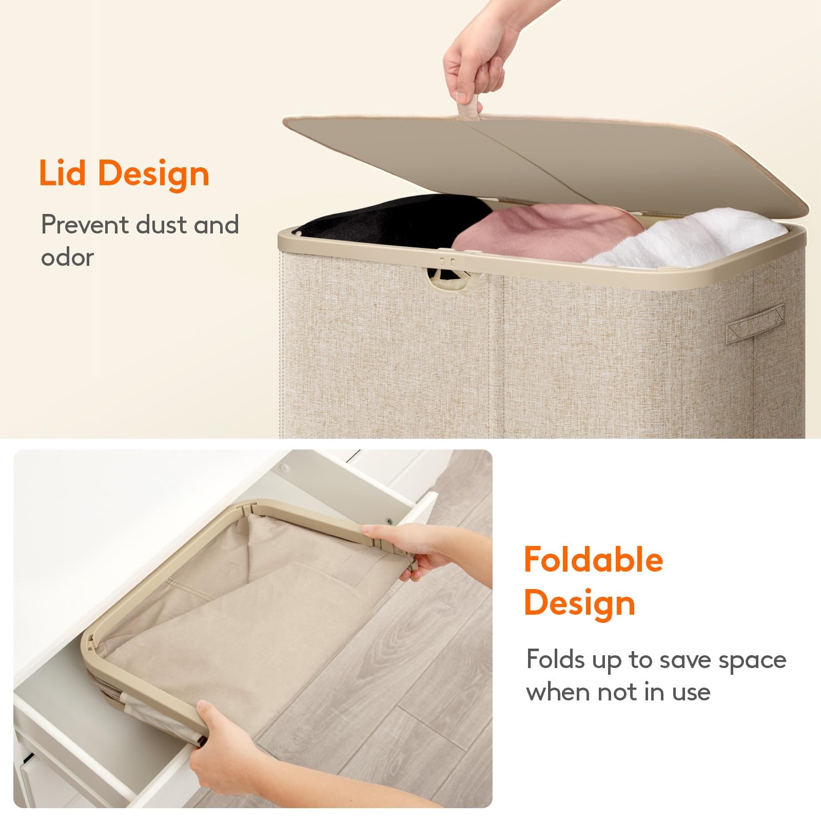 Lifewit 185L 3 Section Laundry Hamper with Lid, Laundry Basket, Beige