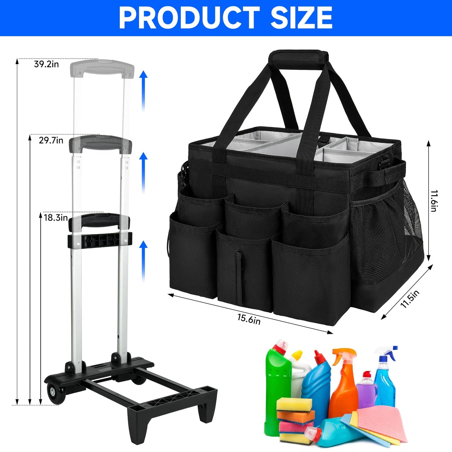 ZIOZERTT Large Rolling Cleaning Caddy Bag with Detachable Trolley,Cleaning Cart on Wheels with