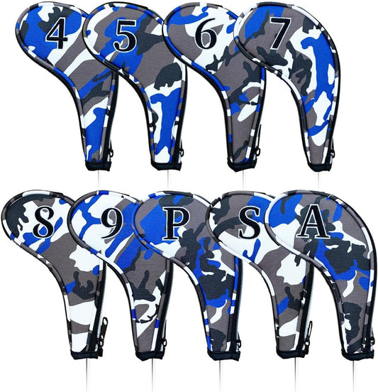 9pcs PU Leather Camouflage Blue Zipper Long Neck Design Golf Iron Headcovers Both Side Number Golf