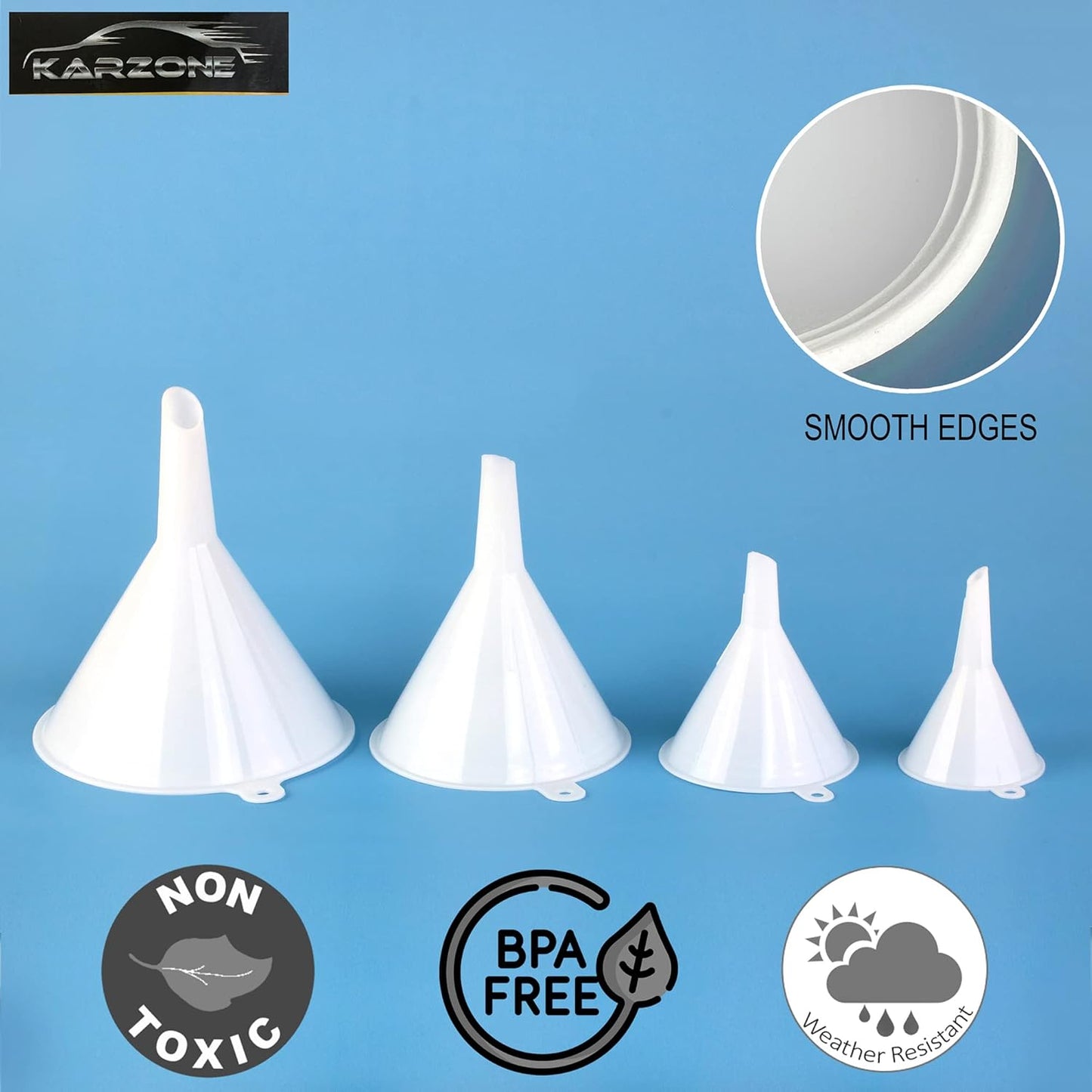 Plastic Funnel for Automotive Use - Kitchen Funnels for Filling Bottles, Jars, Containers or Lab Use - Oil Funnel for Gas, Car Oil, Lubricants and Fluids (White-4 Pack)