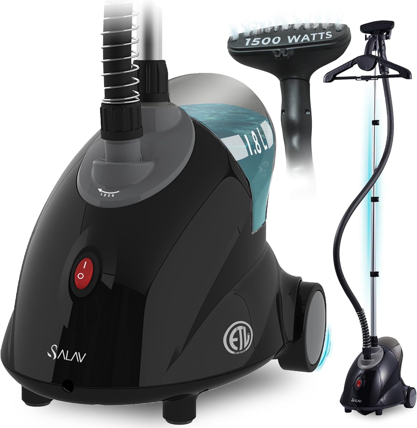 SALAV GS18-DJ Standing Garment Steamer with Roll Wheels for Easy Movement, 1.8L Water Tank for 1 Hour Continuous Steaming, Adjustable Pole for Storage, Includes Descaler Packet, 1500 watts