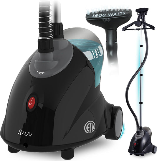 SALAV GS18-DJ Standing Garment Steamer with Roll Wheels for Easy Movement, 1.8L Water Tank for 1 Hour Continuous Steaming, Adjustable Pole for Storage, Includes Descaler Packet, 1500 watts