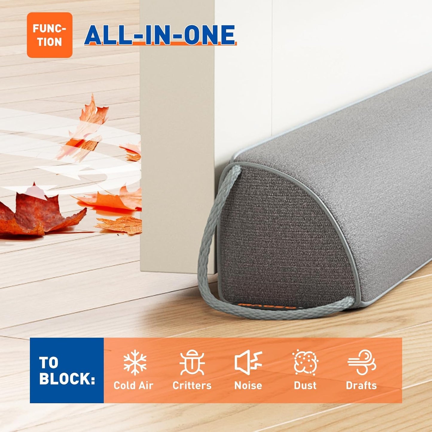 MAGZO Door Draft Stopper 32 Inches, Weighted Triangular Door Snake for Winter Noise Blocker with Hook Loops,Gray