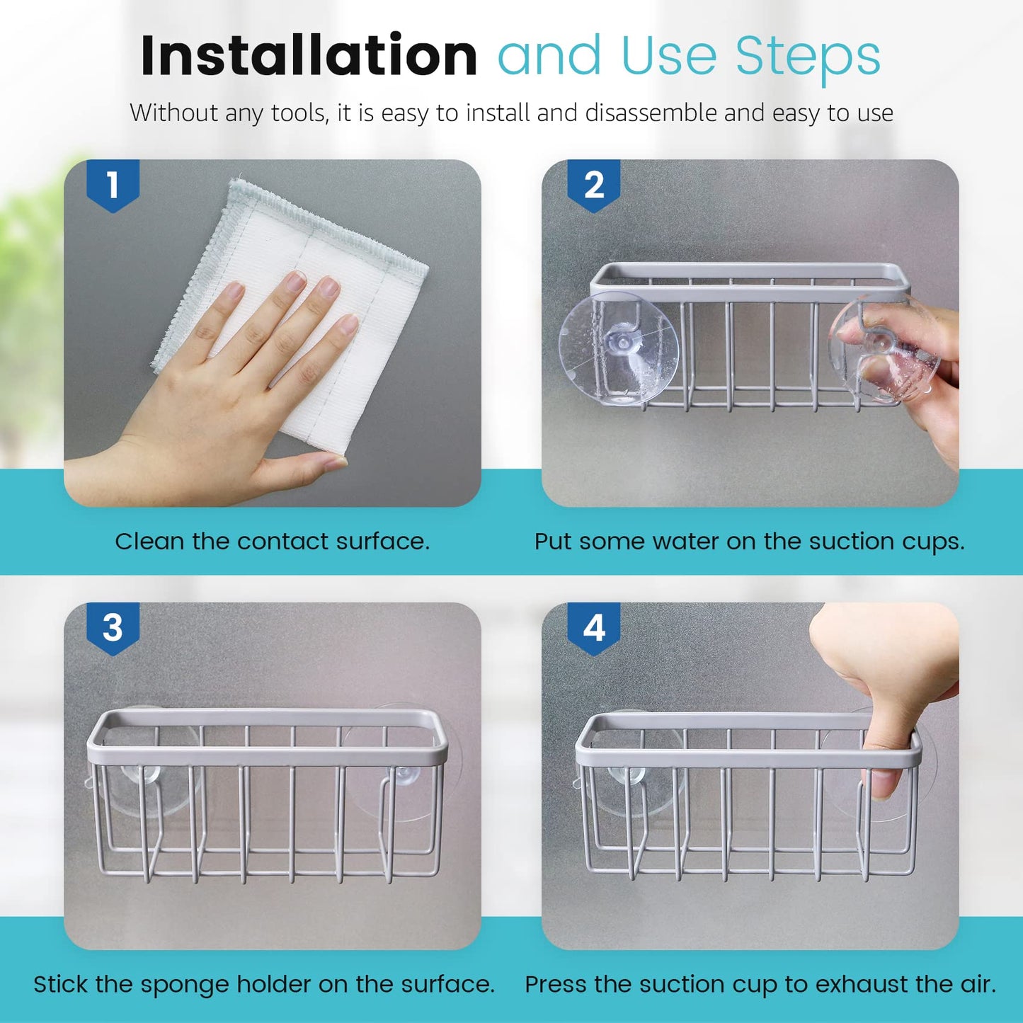 HLOOL Sponge Holder for Kitchen Sink, Kitchen Sink Caddy -Mat Silver