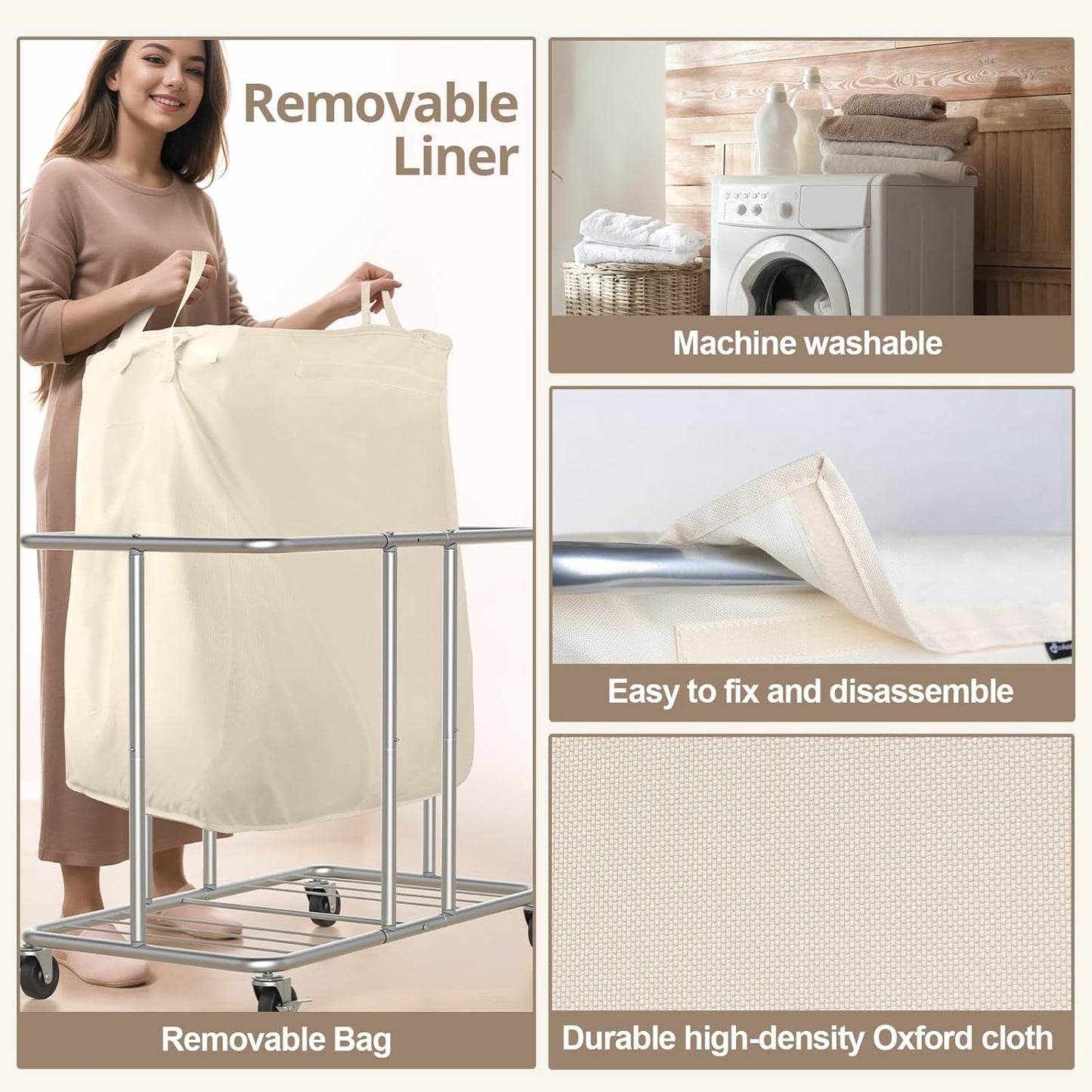 230L Rolling Laundry Hamper, 2-Section Laundry Basket with Wheels, 61 Gallons Laundry Sorter with Metal Structure and Removable Liner, Clothes Hamper for Laundry Room, Bathroom, Bedroom, Beige