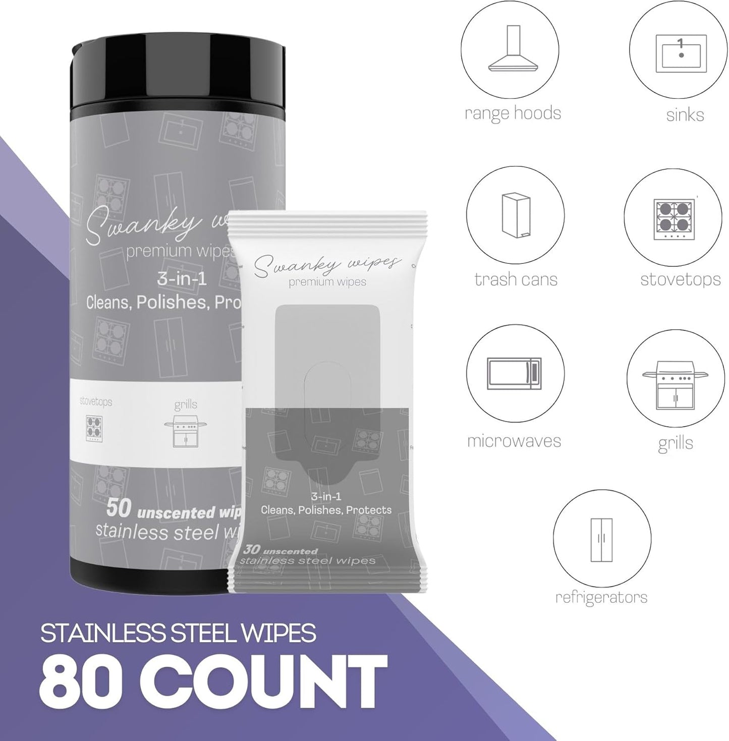 Swanky Stainless Steel Cleaner Wipes Bundle - Grime & Grease Remover Kitchen Cleaning Supplies - Clean & Shine for Stove, Refrigerator, Sink, Oven & Appliances - Soft Wipes (30 Ct) & Canister (50 Ct)