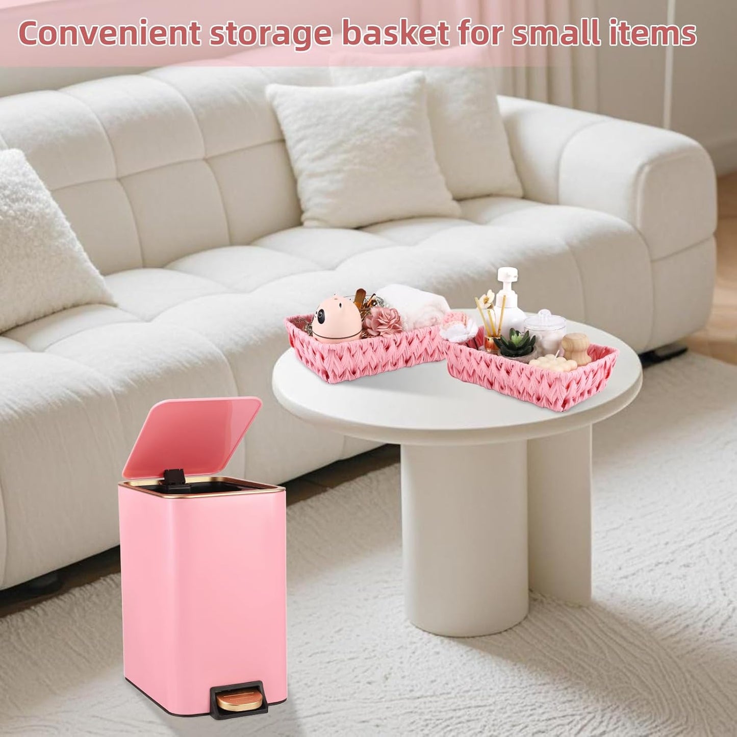 Small Bathroom Trash Can with Lid Soft Close, 1.8 Gallon Stainless Steel Garbage Can with Removable Inner Bucket,Wicker Storage Baskets,75Count Trash Bags, Slim Step Pedal Trash Bins