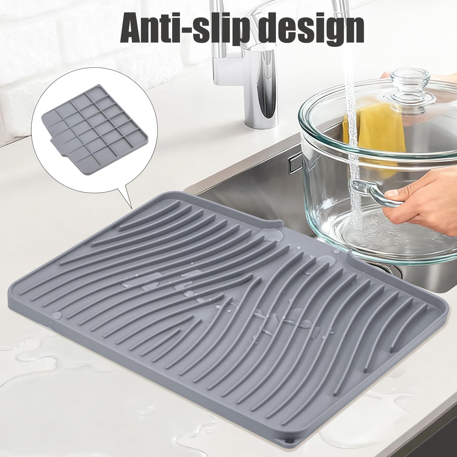 TIKNIK Silicone Dish Drying Mat for Kitchen Counter, Grey-1pcs, 16" x 12"